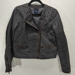 Gap Womens Black Quilted‎ Denim Moto Bomber Jacket Size 10